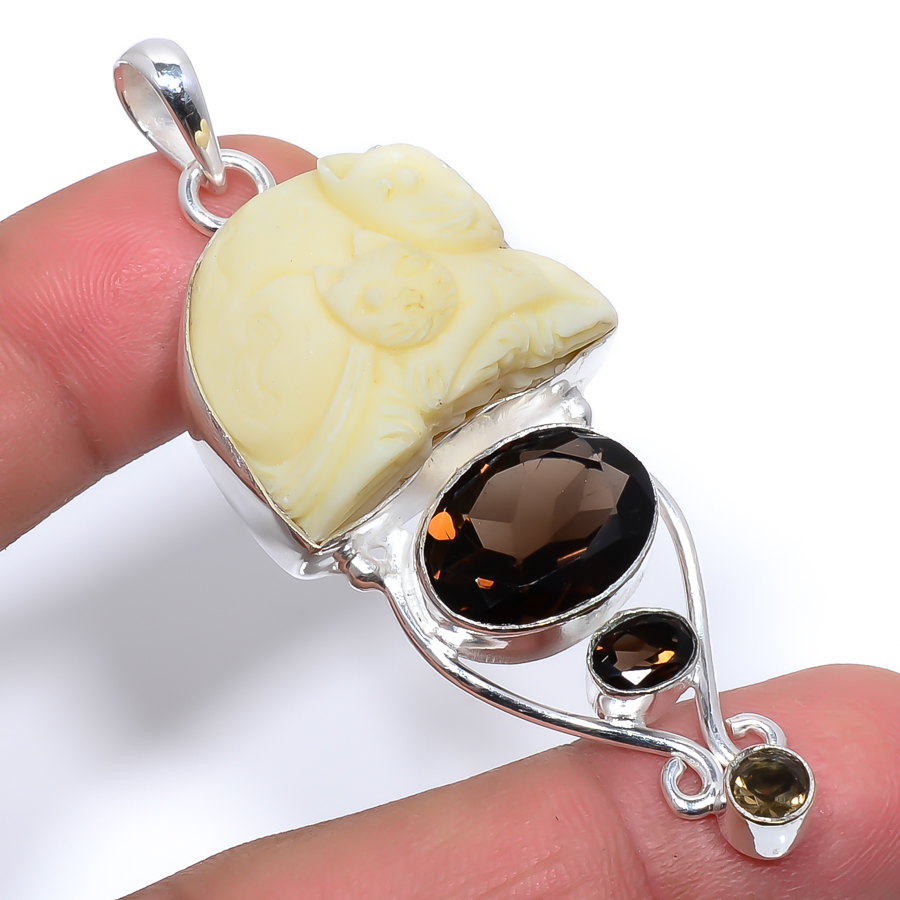 Cat And Kitten Clay & Smoky Quartz 925 Sterling Silver Pendant, Handmade Pendant, Fancy Pendant, Yellow Pendant, Unique Silver Pendant, Fine Pendant, Silver Jewelry Pendant