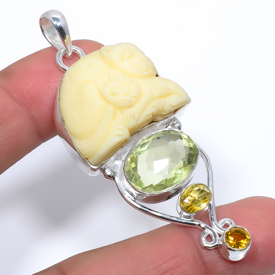 Cat And Kitten Clay & Lemon Quartz 925 Sterling Silver Pendant, Handmade Pendant, Fancy Pendant, Yellow Pendant, Unique Silver Pendant, Fine Pendant, Silver Jewelry Pendant