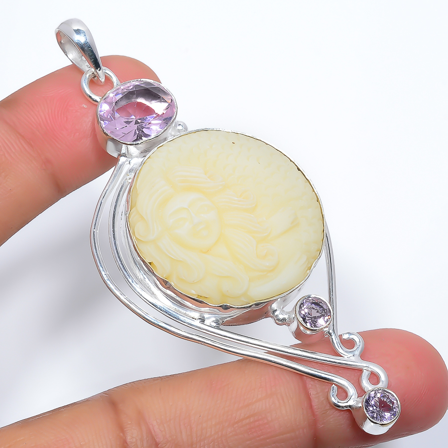 Mermaid Clay & Rose Quartz 925 Sterling Silver Pendant, Handmade Pendant, Round Pendant, Yellow Pendant, Unique Silver Pendant, Fine Pendant, Silver Jewelry Pendant