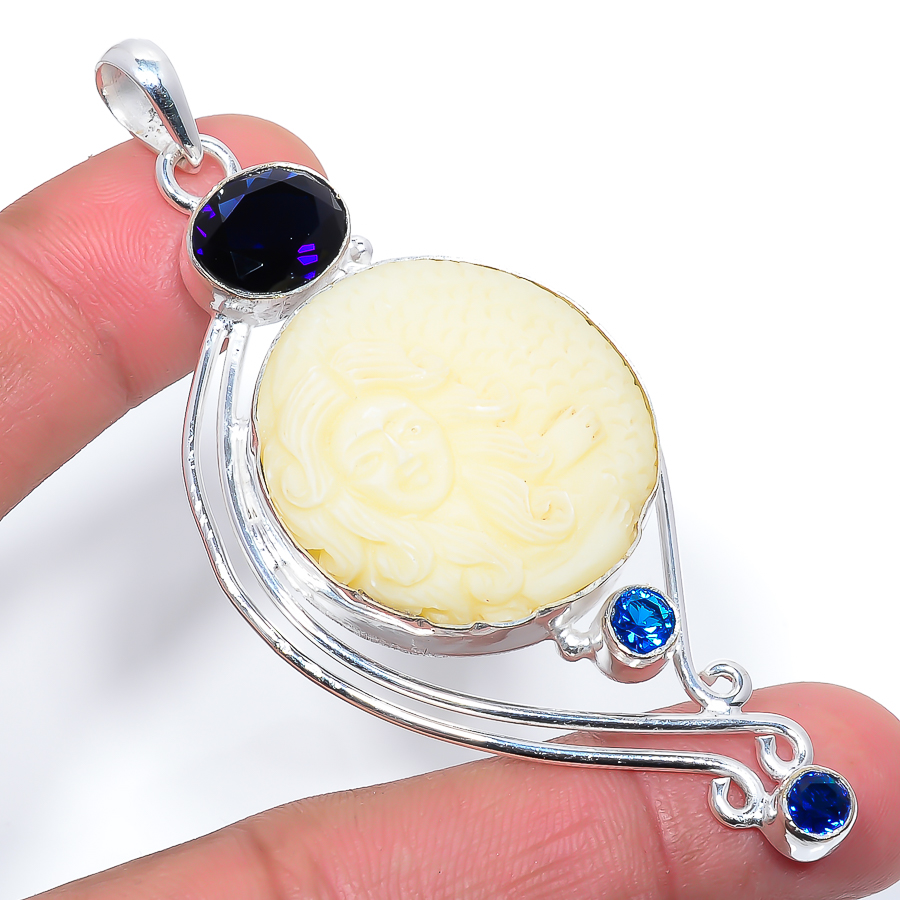 Mermaid Clay & Blue Sapphire 925 Sterling Silver Pendant, Handmade Pendant, Round Pendant, Yellow Pendant, Unique Silver Pendant, Fine Pendant, Silver Jewelry Pendant