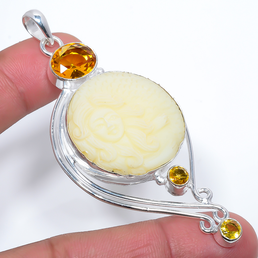 Mermaid Clay & Citrine 925 Sterling Silver Pendant, Handmade Pendant, Round Pendant, Yellow Pendant, Unique Silver Pendant, Fine Pendant, Silver Jewelry Pendant