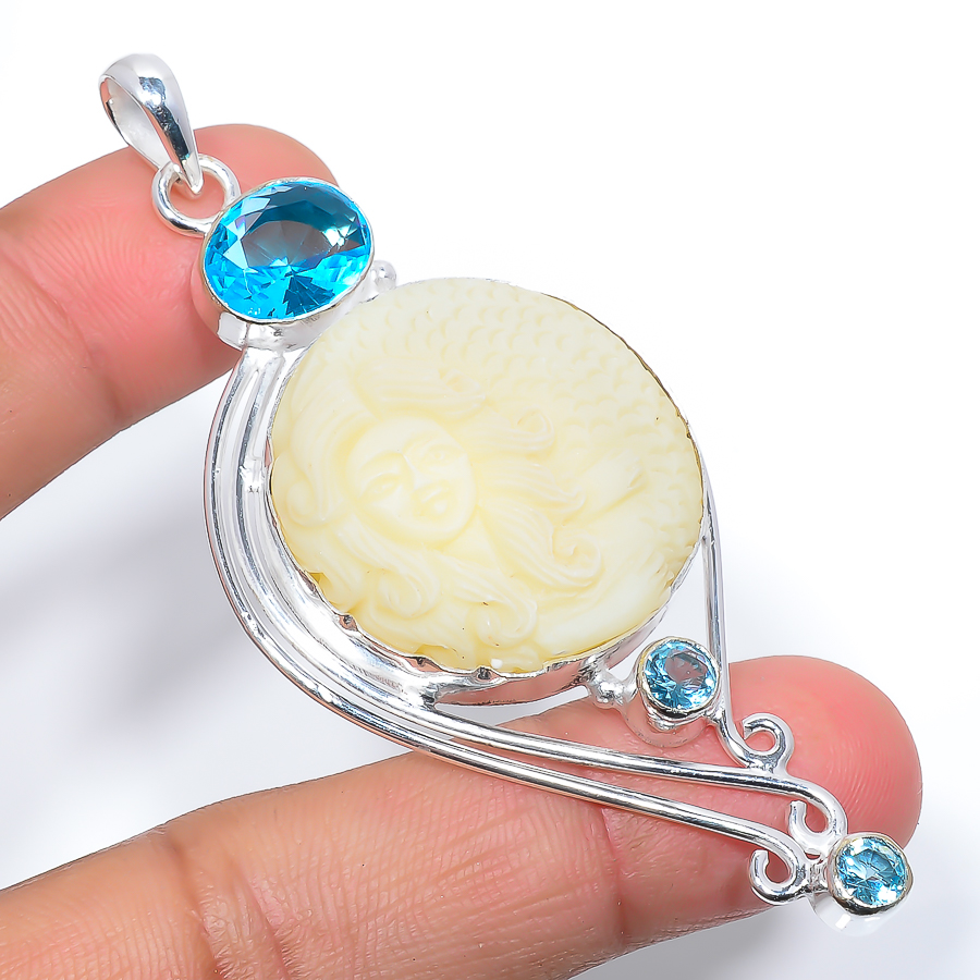 Mermaid Clay & Blue Topaz 925 Sterling Silver Pendant, Handmade Pendant, Round Pendant, Yellow Pendant, Unique Silver Pendant, Fine Pendant, Silver Jewelry Pendant