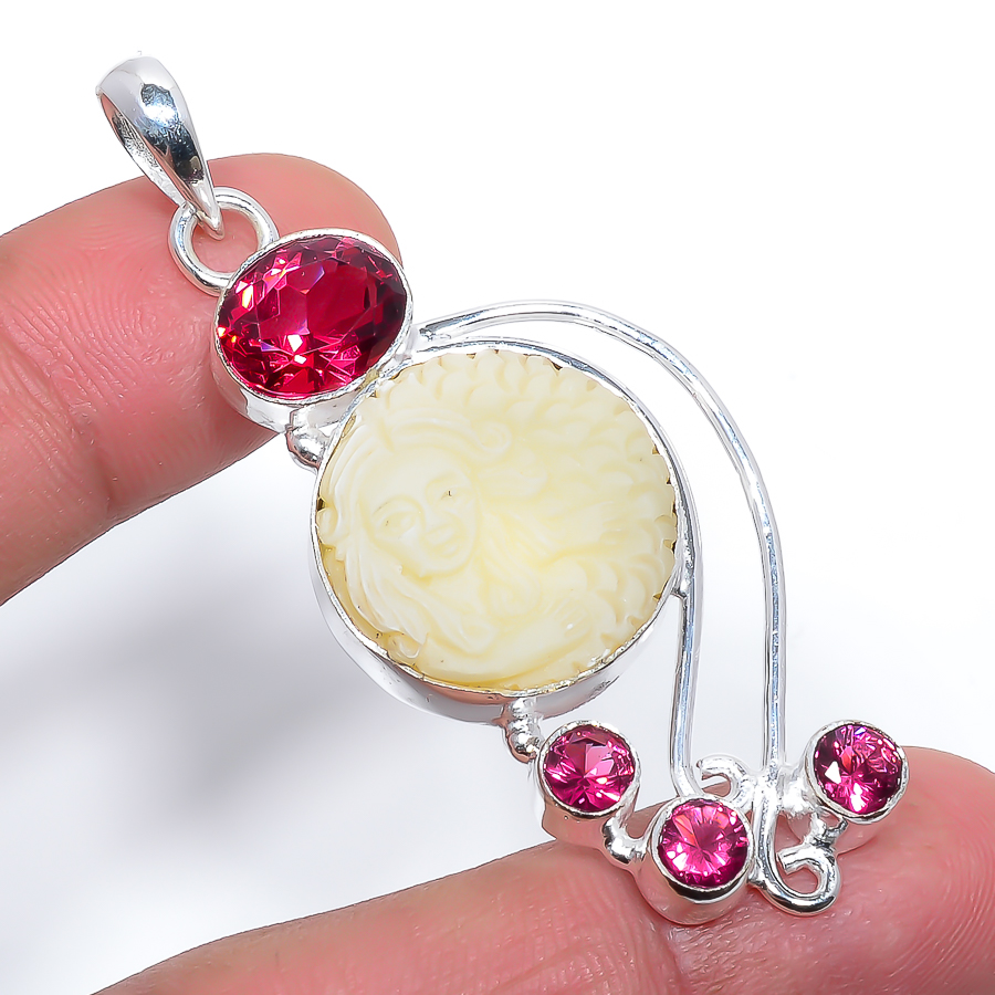 Mermaid Clay & Pink Tourmaline 925 Sterling Silver Pendant, Handmade Pendant, Round Pendant, Yellow Pendant, Unique Silver Pendant, Fine Pendant, Silver Jewelry Pendant
