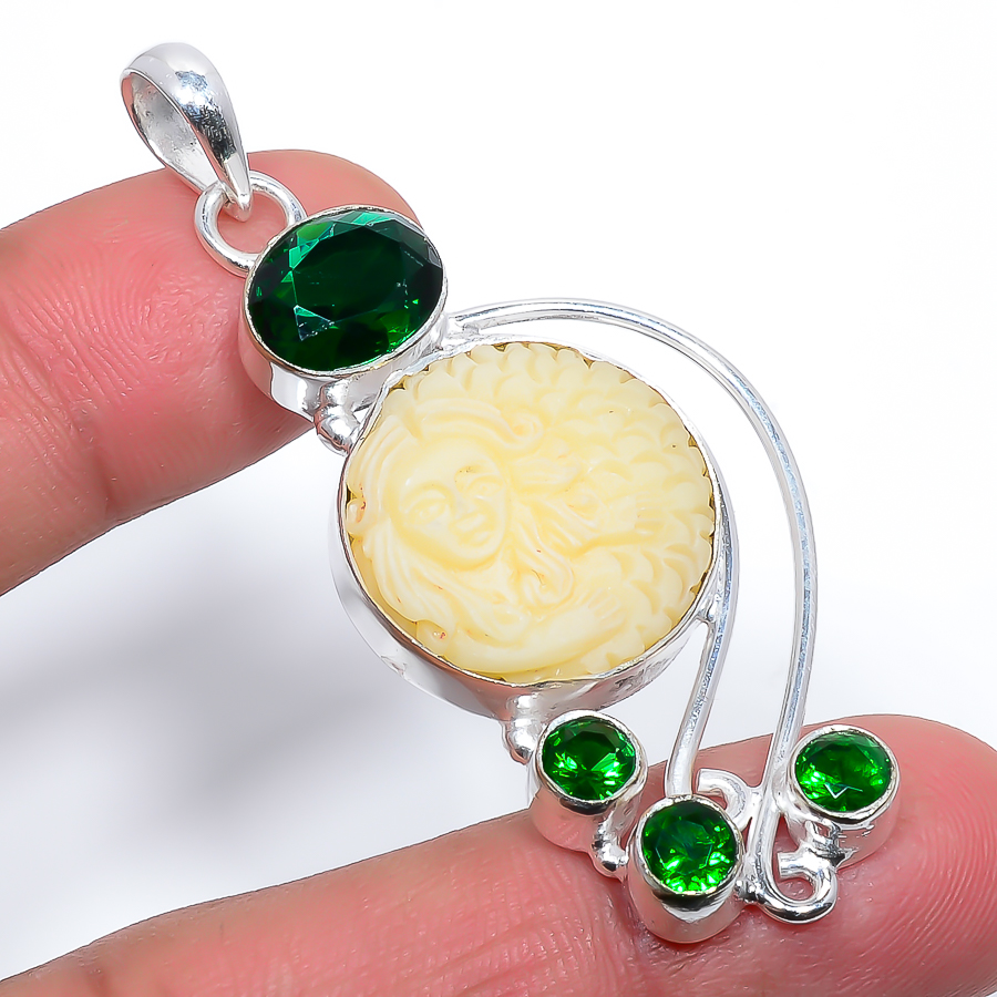 Mermaid Clay & Chrome Diopside 925 Sterling Silver Pendant, Handmade Pendant, Round Pendant, Yellow Pendant, Unique Silver Pendant, Fine Pendant, Silver Jewelry Pendant