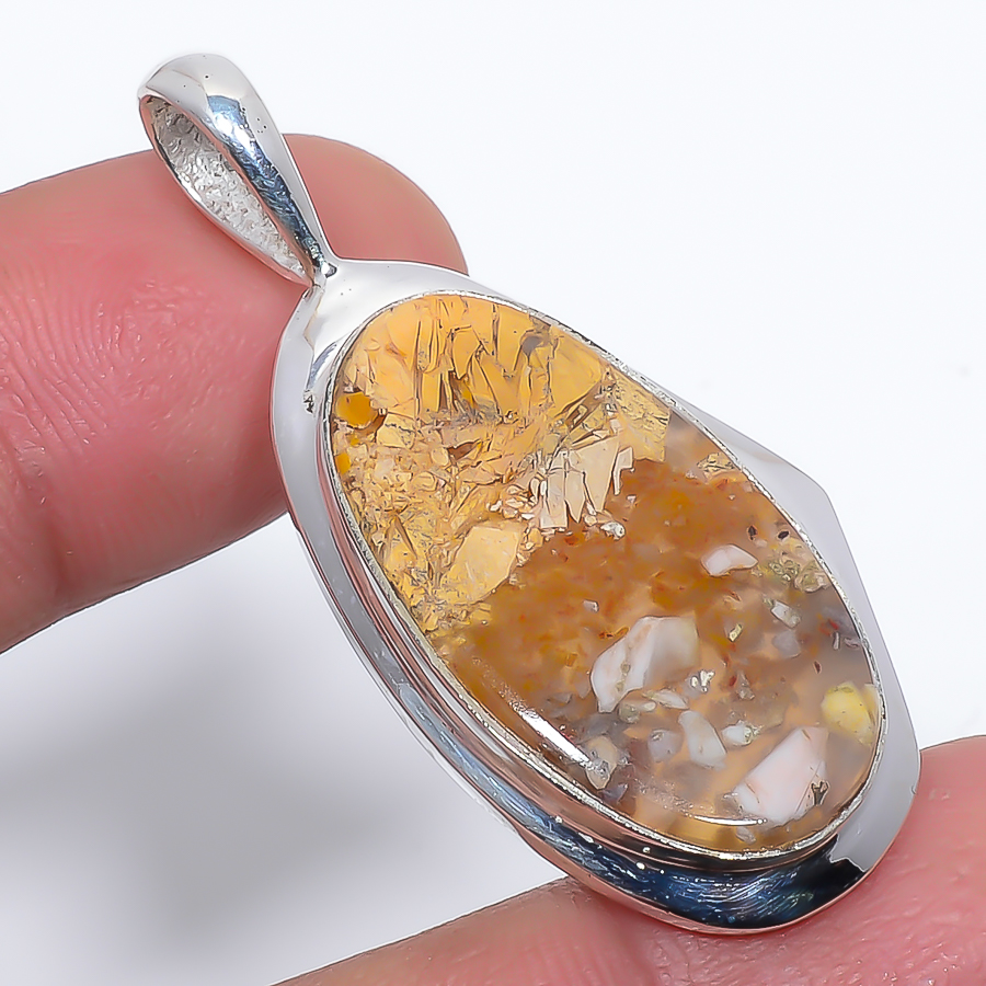 Brecciated Mookaite 925 Sterling Silver Pendant, Handmade Pendant, Oval Pendant, Yellow Pendant, Unique Silver Pendant, Fine Pendant, Silver Jewelry Pendant
