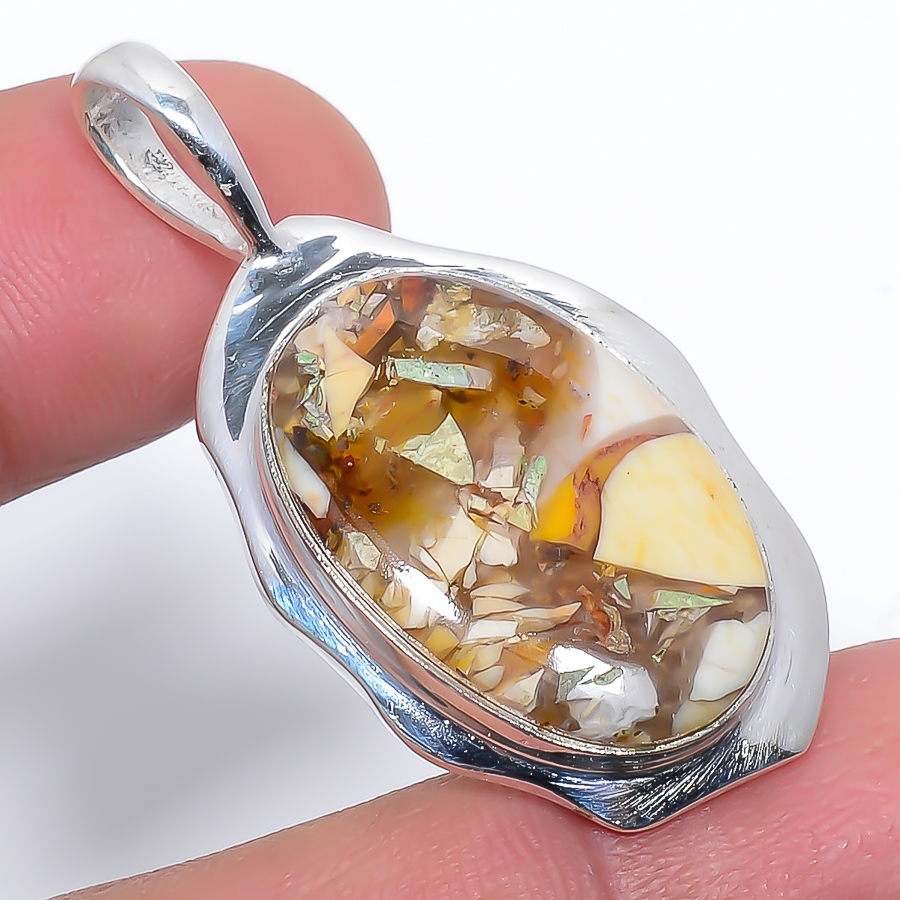 Brecciated Mookaite 925 Sterling Silver Pendant, Handmade Pendant, Oval Pendant, Yellow Pendant, Unique Silver Pendant, Fine Pendant, Silver Jewelry Pendant