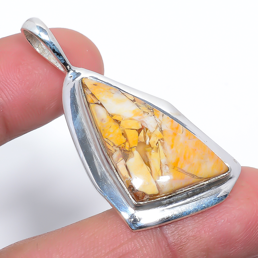Brecciated Mookaite 925 Sterling Silver Pendant, Handmade Pendant, Trillion Pendant, Yellow Pendant, Unique Silver Pendant, Fine Pendant, Silver Jewelry Pendant