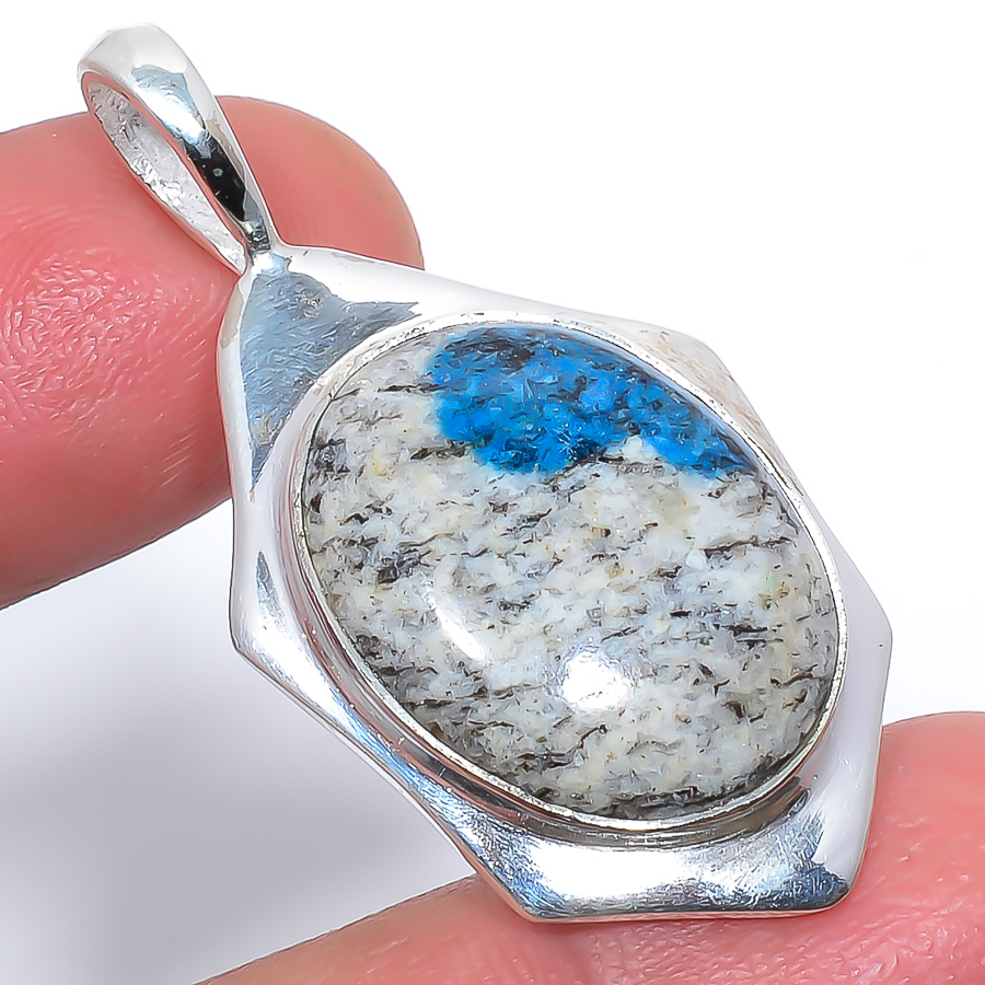 K2 Blue Azurite 925 Sterling Silver Pendant, Handmade Pendant, Oval Pendant, Blue Pendant, Unique Silver Pendant, Fine Pendant, Silver Jewelry Pendant