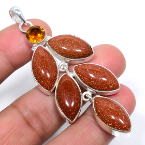 Golden Sunstone & Citrine 925 Sterling Silver Pendant, Handmade Pendant, Marquise Pendant, Golden Pendant, Unique Silver Pendant, Fine Pendant, Silver Jewelry Pendant