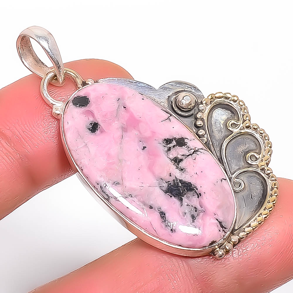 Black Manganese In Rhodonite 925 Sterling Silver Pendant, Handmade Pendant, Oval Pendant, Pink Pendant, Unique Silver Pendant, Fine Pendant, Silver Jewelry Pendant