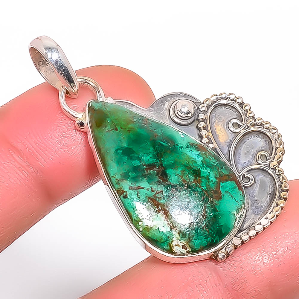 Cuprite Chrysocolla 925 Sterling Silver Pendant, Handmade Pendant, Pear Pendant, Green Pendant, Unique Silver Pendant, Fine Pendant, Silver Jewelry Pendant