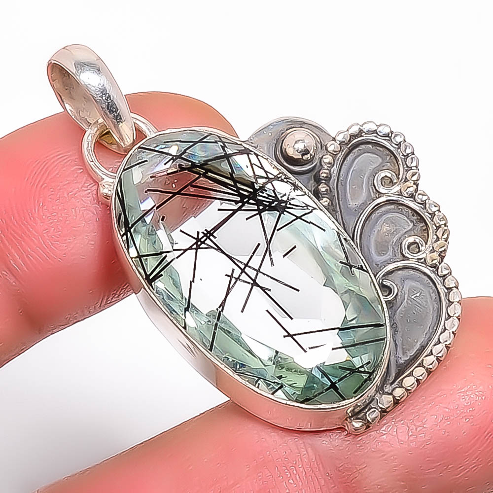 Black Rutilated Quartz 925 Sterling Silver Pendant, Handmade Pendant, Oval Pendant, Black Pendant, Unique Silver Pendant, Fine Pendant, Silver Jewelry Pendant