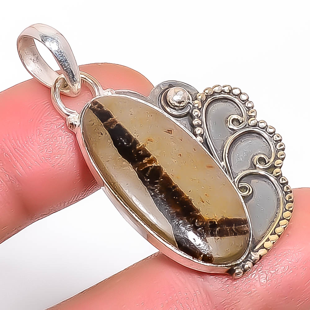 Septerian Stone 925 Sterling Silver Pendant, Handmade Pendant, Oval Pendant, Brown Pendant, Unique Silver Pendant, Fine Pendant, Silver Jewelry Pendant