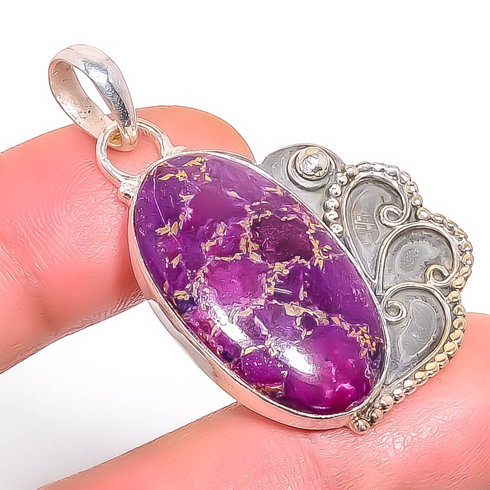 Copper Purple Turquoise 925 Sterling Silver Pendant, Handmade Pendant, Oval Pendant, Purple Pendant, Unique Silver Pendant, Fine Pendant, Silver Jewelry Pendant