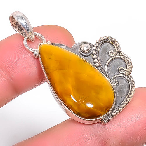 Yellow Tiger Eye 925 Sterling Silver Pendant, Handmade Pendant, Pear Pendant, Yellow Pendant, Unique Silver Pendant, Fine Pendant, Silver Jewelry Pendant