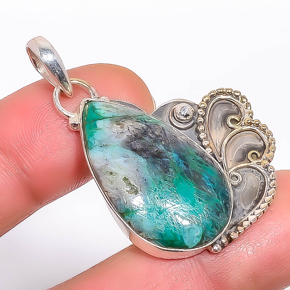 Chrysocolla 925 Sterling Silver Pendant, Handmade Pendant, Pear Pendant, Blue Pendant, Unique Silver Pendant, Fine Pendant, Silver Jewelry Pendant