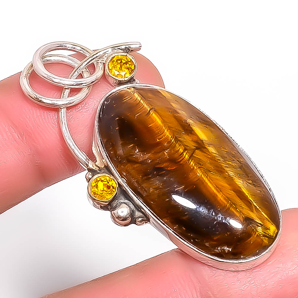 Yellow Tiger Eye & Citrine 925 Sterling Silver Pendant, Handmade Pendant, Oval Pendant, Yellow Pendant, Unique Silver Pendant, Fine Pendant, Silver Jewelry Pendant