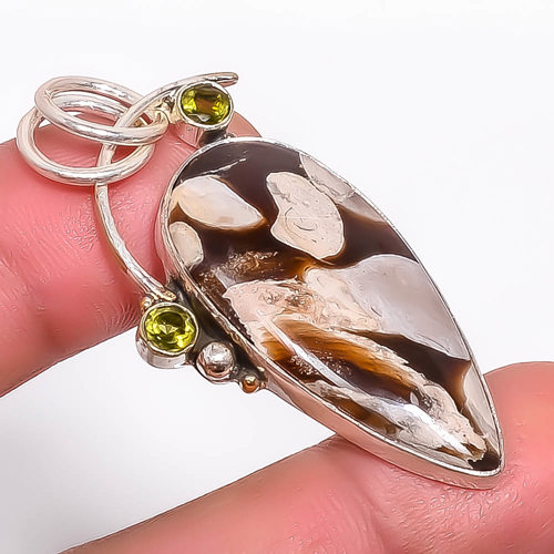 Petrified Peanut Wood Jasper & Peridot 925 Sterling Silver Pendant, Handmade Pendant, Oval Pendant, Brown Pendant, Unique Silver Pendant, Fine Pendant, Silver Jewelry Pendant