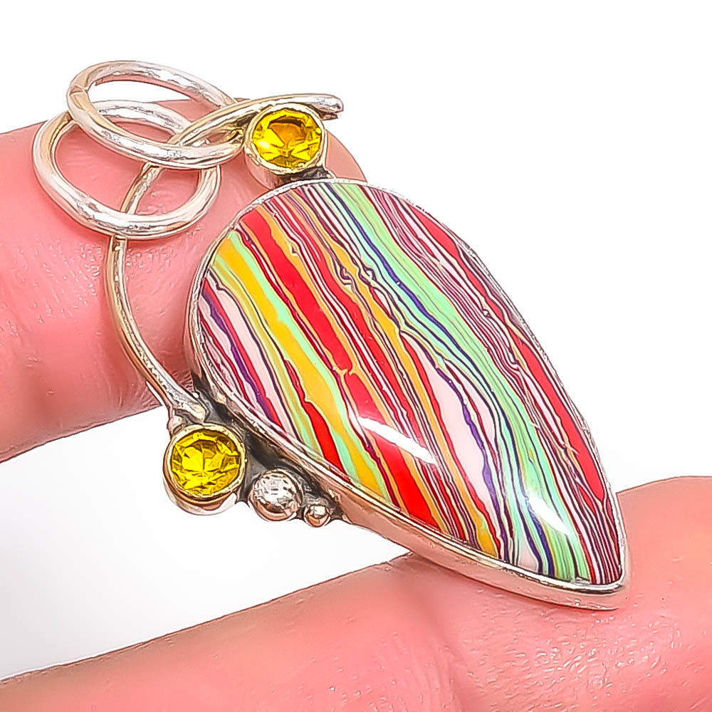 Rainbow Calsilica & Citrine 925 Sterling Silver Pendant, Handmade Pendant, Pear Pendant, Red Pendant, Unique Silver Pendant, Fine Pendant, Silver Jewelry Pendant