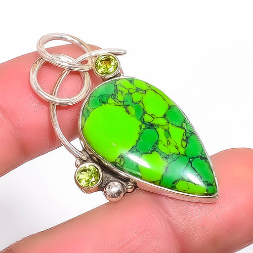 Green Turquoise & Peridot 925 Sterling Silver Pendant, Handmade Pendant, Pear Pendant, Green Pendant, Unique Silver Pendant, Fine Pendant, Silver Jewelry Pendant