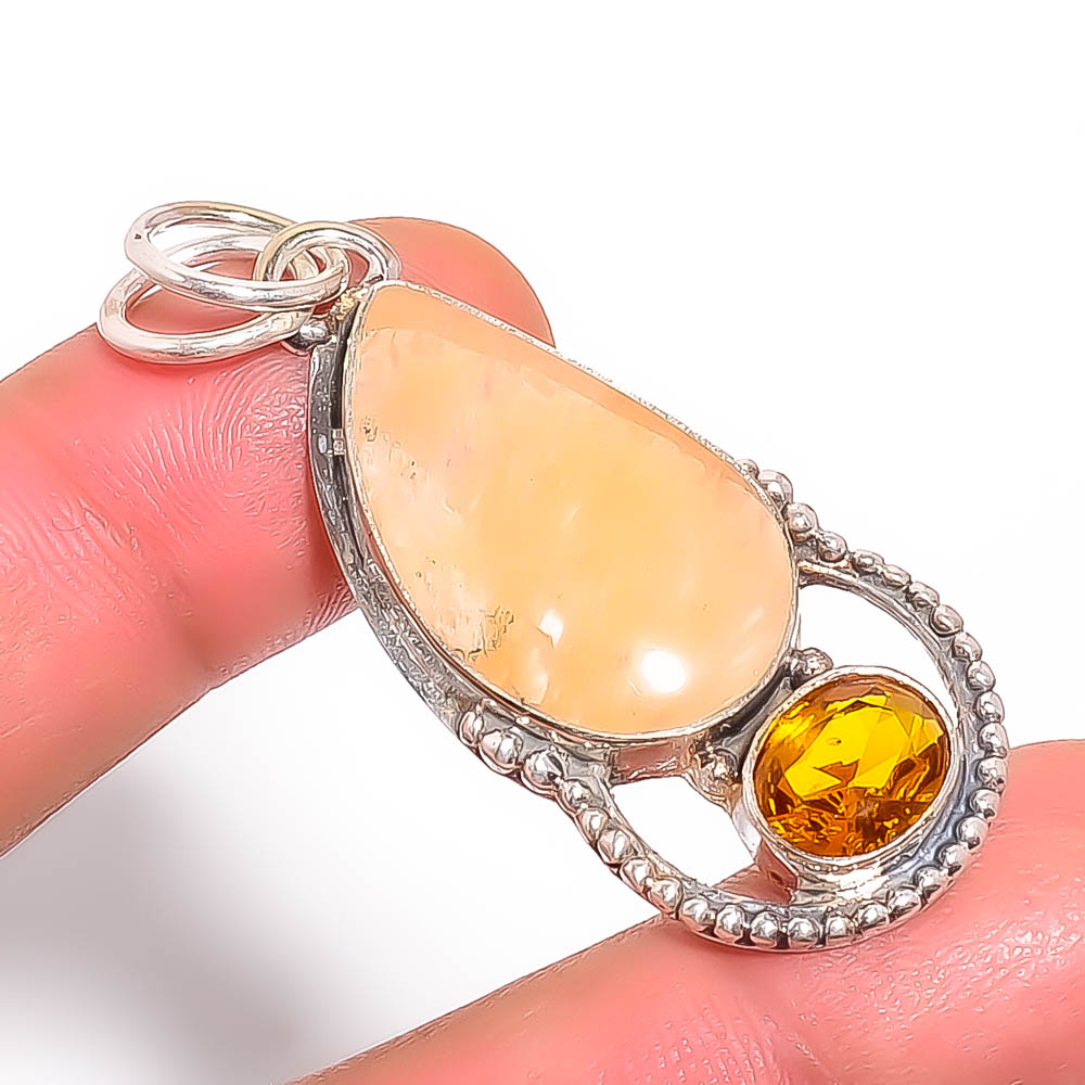 Angelite Jasper & Citrine 925 Sterling Silver Pendant, Handmade Pendant, Pear Pendant, Blue Pendant, Unique Silver Pendant, Fine Pendant, Silver Jewelry Pendant