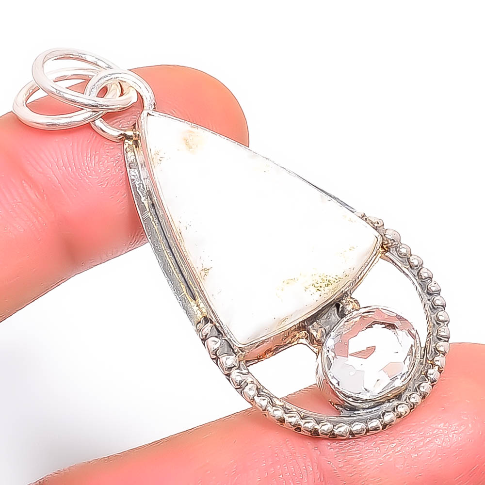 White Scolecite & White Topaz 925 Sterling Silver Pendant, Handmade Pendant, Trillion Pendant, White Pendant, Unique Silver Pendant, Fine Pendant, Silver Jewelry Pendant