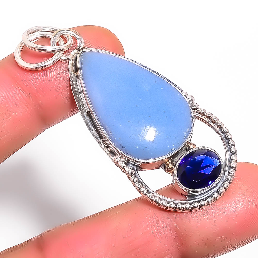 Angelite Jasper & Blue Sapphire 925 Sterling Silver Pendant, Handmade Pendant, Pear Pendant, Blue Pendant, Unique Silver Pendant, Fine Pendant, Silver Jewelry Pendant