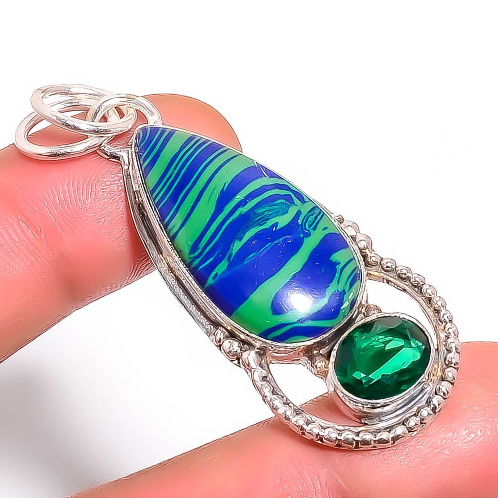 Azurite Malachite & Emerald 925 Sterling Silver Pendant, Handmade Pendant, Pear Pendant, Blue Pendant, Unique Silver Pendant, Fine Pendant, Silver Jewelry Pendant