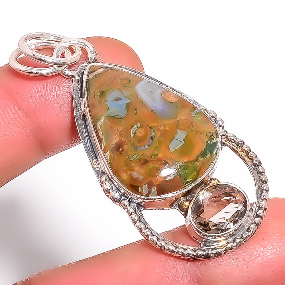 Rainforest Jasper & Smoky Quartz 925 Sterling Silver Pendant, Handmade Pendant, Pear Pendant, Green Pendant, Unique Silver Pendant, Fine Pendant, Silver Jewelry Pendant