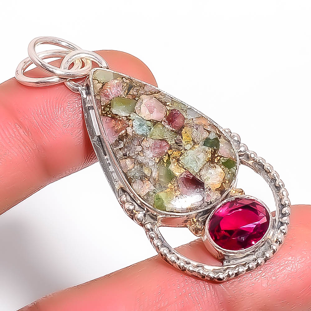 Copper Tourmaline & Pink Tourmaline 925 Sterling Silver Pendant, Handmade Pendant, Pear Pendant, Brown Pendant, Unique Silver Pendant, Fine Pendant, Silver Jewelry Pendant