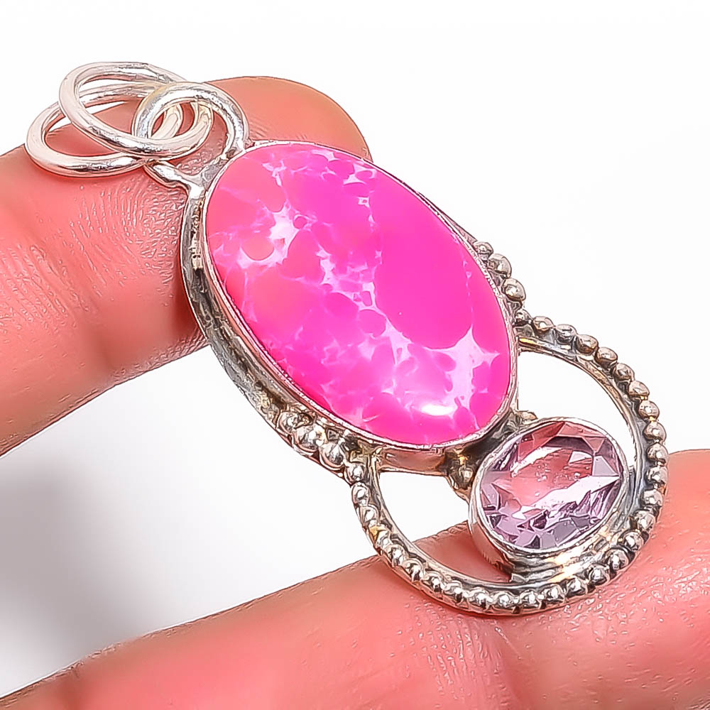 Pink Howlite 925 Sterling Silver Pendant, Handmade Pendant, Oval Pendant, Pink Pendant, Unique Silver Pendant, Fine Pendant, Silver Jewelry Pendant