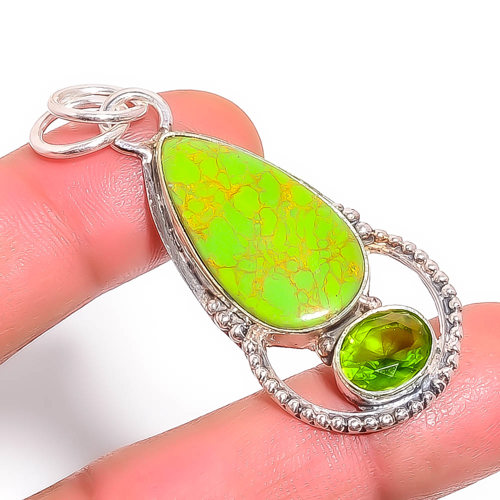 Copper Green Turquoise 925 Sterling Silver Pendant, Handmade Pendant, Pear Pendant, Green Pendant, Unique Silver Pendant, Fine Pendant, Silver Jewelry Pendant