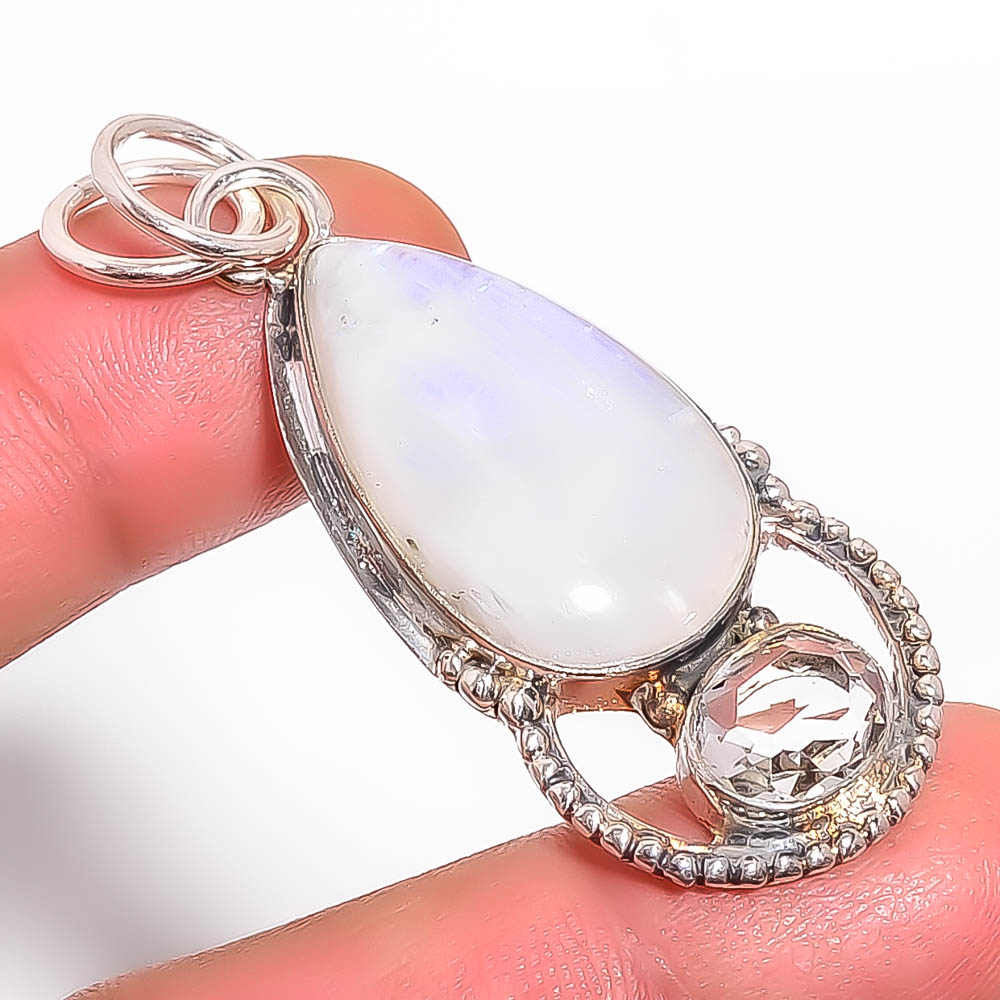 Rainbow Moonstone & White Topaz 925 Sterling Silver Pendant, Handmade Pendant, Pear Pendant, White Pendant, Unique Silver Pendant, Fine Pendant, Silver Jewelry Pendant