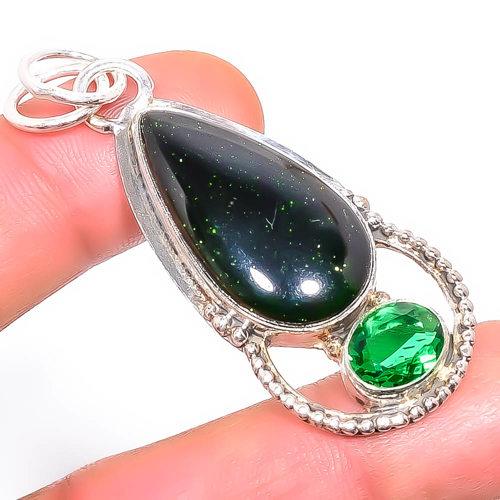 Green Sunstone & Emerald 925 Sterling Silver Pendant, Handmade Pendant, Pear Pendant, Green Pendant, Unique Silver Pendant, Fine Pendant, Silver Jewelry Pendant
