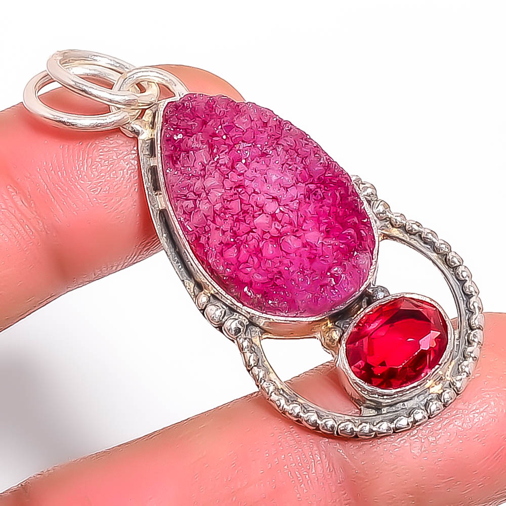 Pink Quartz Drusy & Rubellite Pink Tourmaline 925 Sterling Silver Pendant, Handmade Pendant, Pear Pendant, Pink Pendant, Unique Silver Pendant, Fine Pendant, Silver Jewelry Pendant