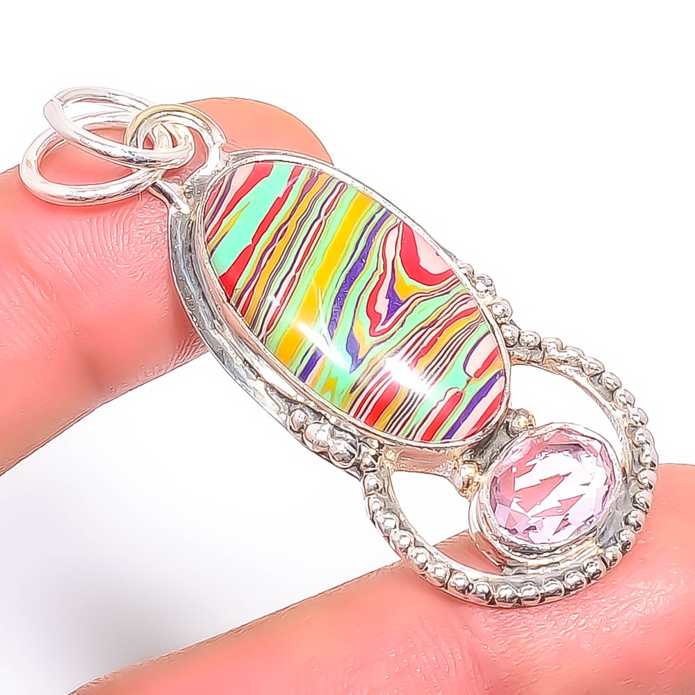 Rainbow Calsilica & Rose Quartz 925 Sterling Silver Pendant, Handmade Pendant, Pear Pendant, Red Pendant, Unique Silver Pendant, Fine Pendant, Silver Jewelry Pendant