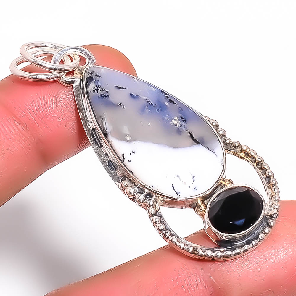 Dendritic Opal & Black Onyx 925 Sterling Silver Pendant, Handmade Pendant, Pear Pendant, White Pendant, Unique Silver Pendant, Fine Pendant, Silver Jewelry Pendant