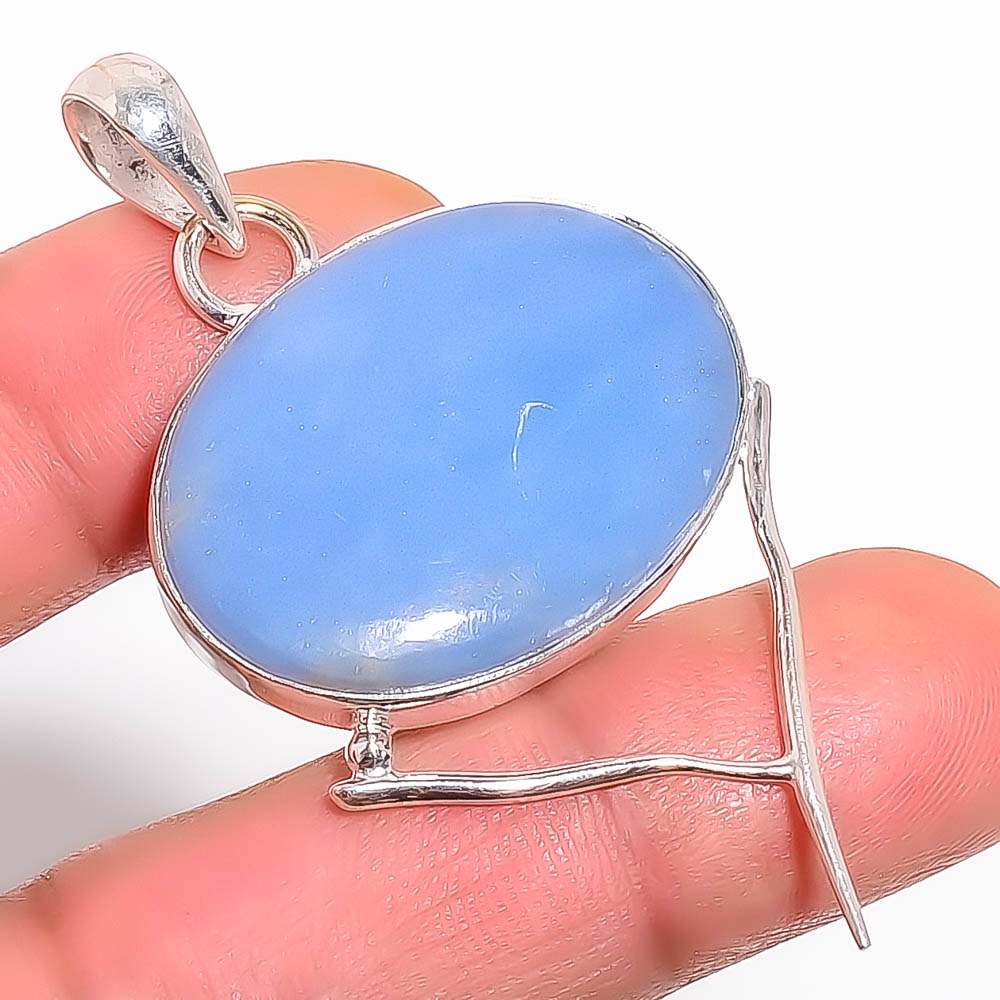 Angelite Jasper 925 Sterling Silver Pendant, Handmade Pendant, Oval Pendant, Blue Pendant, Unique Silver Pendant, Fine Pendant, Silver Jewelry Pendant