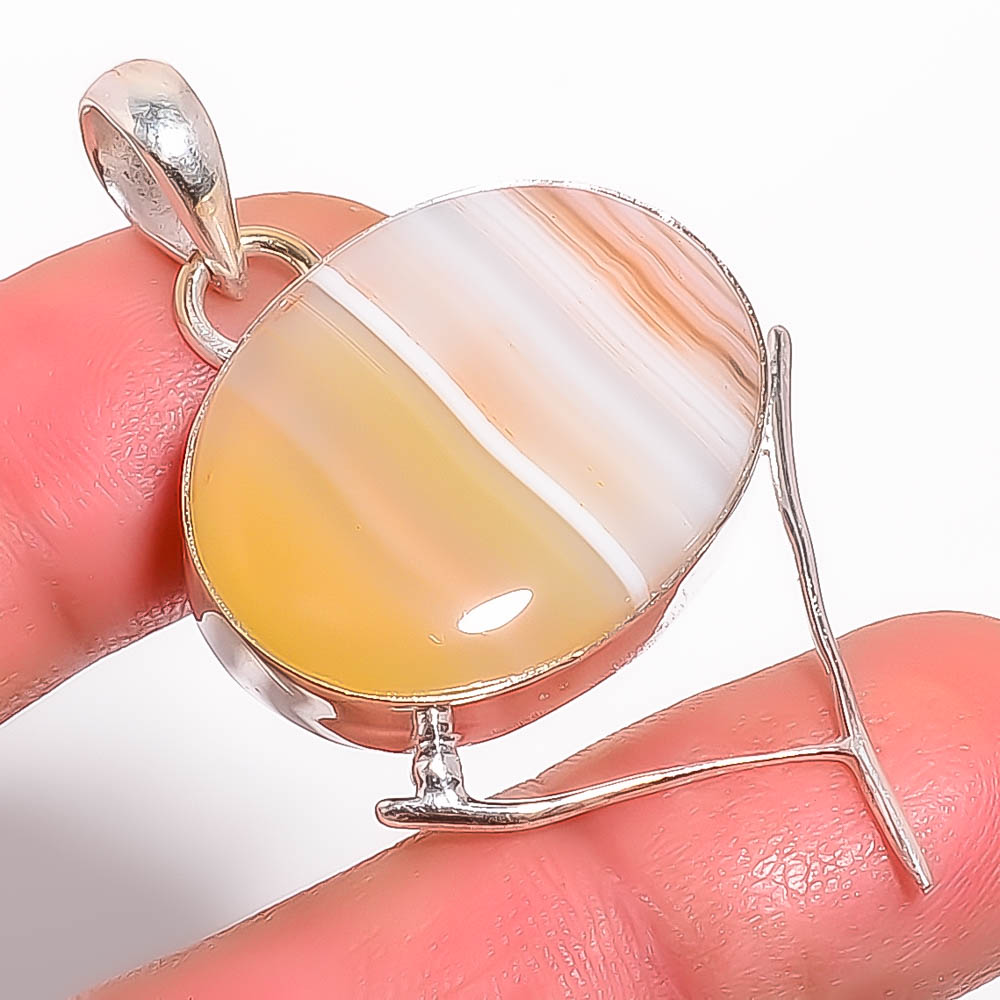 Yellow Banded Agate 925 Sterling Silver Pendant, Handmade Pendant, Oval Pendant, Yellow Pendant, Unique Silver Pendant, Fine Pendant, Silver Jewelry Pendant