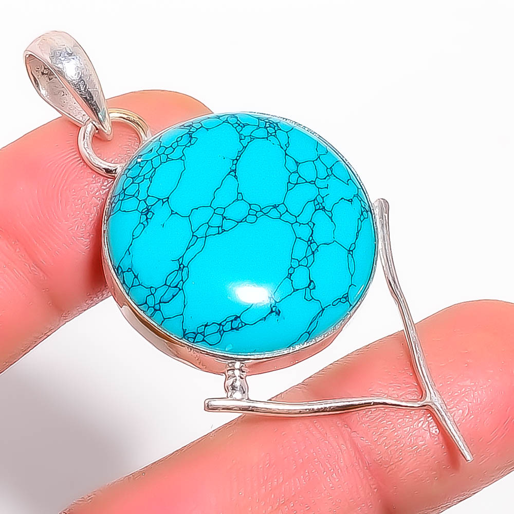 Turquoise 925 Sterling Silver Pendant, Handmade Pendant, Round Pendant, Blue Pendant, Unique Silver Pendant, Fine Pendant, Silver Jewelry Pendant