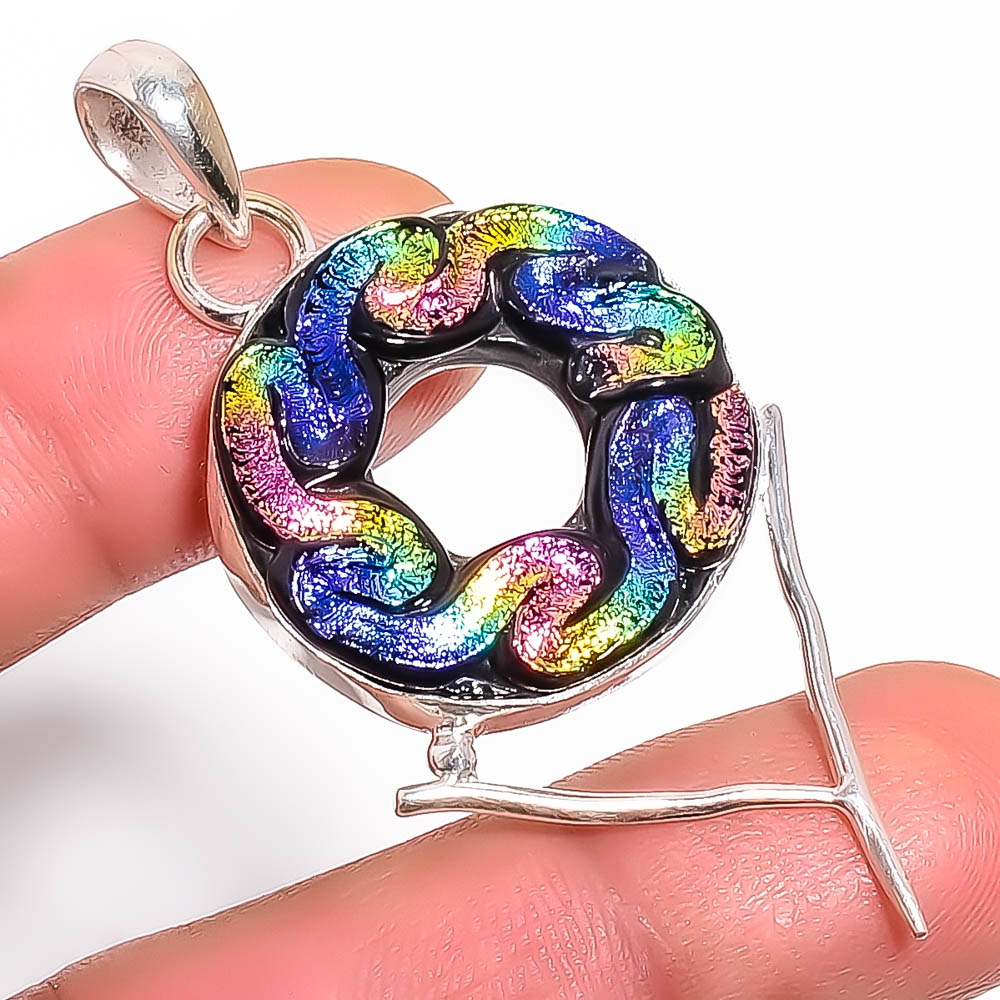 Dichroic Glass 925 Sterling Silver Pendant, Handmade Pendant, Round Pendant, Black Pendant, Unique Silver Pendant, Fine Pendant, Silver Jewelry Pendant