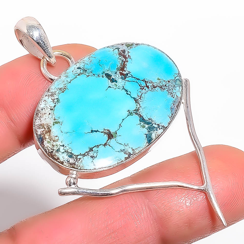 Tibetan Turquoise 925 Sterling Silver Pendant, Handmade Pendant, Oval Pendant, Blue Pendant, Unique Silver Pendant, Fine Pendant, Silver Jewelry Pendant