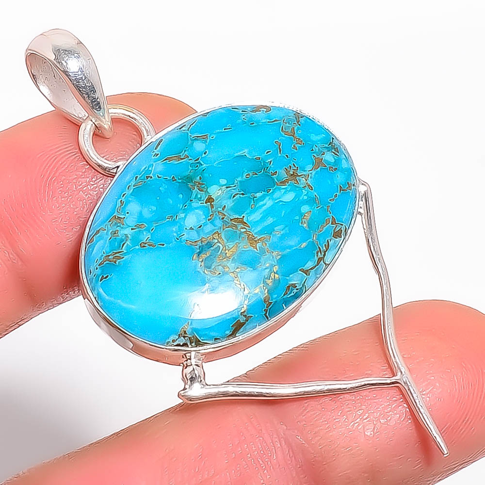 Copper Blue Turquoise 925 Sterling Silver Pendant, Handmade Pendant, Oval Pendant, Blue Pendant, Unique Silver Pendant, Fine Pendant, Silver Jewelry Pendant