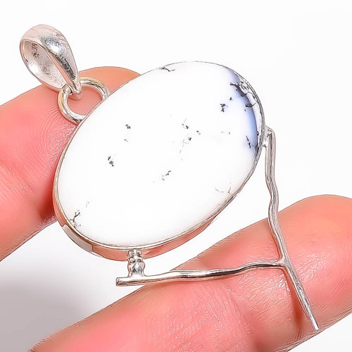 Dendritic Opal 925 Sterling Silver Pendant, Handmade Pendant, Oval Pendant, White Pendant, Unique Silver Pendant, Fine Pendant, Silver Jewelry Pendant