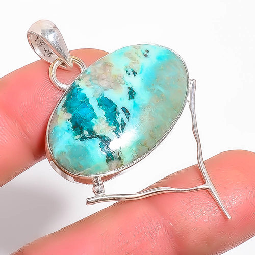 Chrysocolla 925 Sterling Silver Pendant, Handmade Pendant, Oval Pendant, Blue Pendant, Unique Silver Pendant, Fine Pendant, Silver Jewelry Pendant