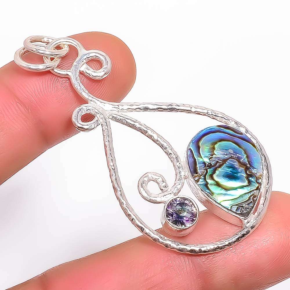 Abalone Paua Shell& Rainbow Mystic Topaz 925 Sterling Silver Pendant, Handmade Pendant, Pear Pendant, Blue Pendant, Unique Silver Pendant, Fine Pendant, Silver Jewelry Pendant