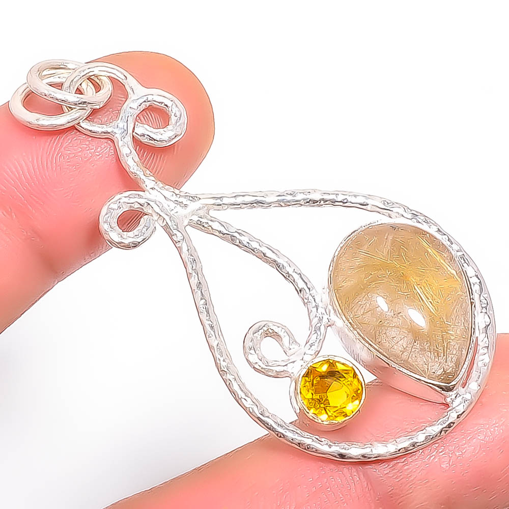 Golden Rutilated Quartz & Citrine 925 Sterling Silver Pendant, Handmade Pendant, Pear Pendant, Golden Pendant, Unique Silver Pendant, Fine Pendant, Silver Jewelry Pendant