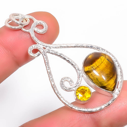 Yellow Tiger Eye & Citrine 925 Sterling Silver Pendant, Handmade Pendant, Pear Pendant, Yellow Pendant, Unique Silver Pendant, Fine Pendant, Silver Jewelry Pendant