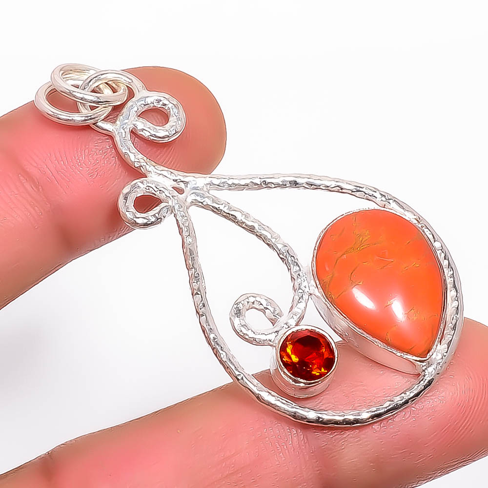 Red Turquoise & Garnet 925 Sterling Silver Pendant, Handmade Pendant, Pear Pendant, Red Pendant, Unique Silver Pendant, Fine Pendant, Silver Jewelry Pendant