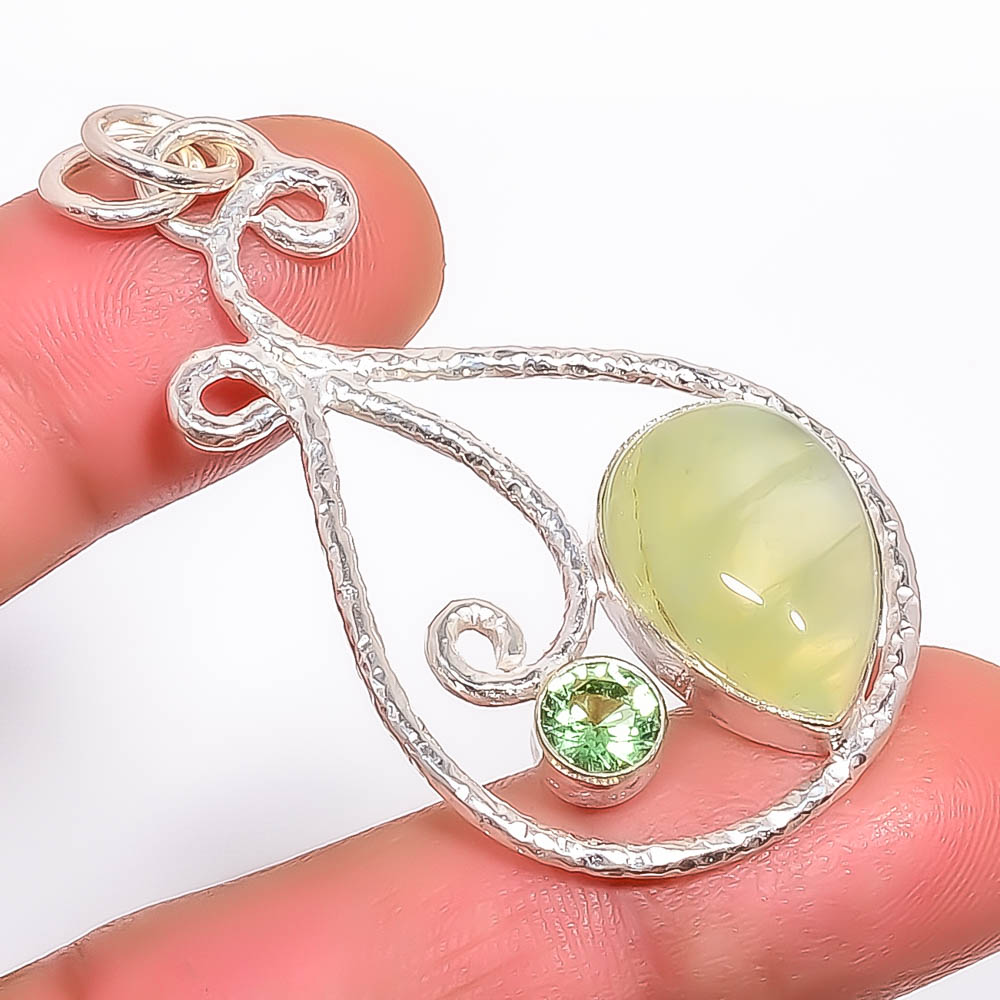Prehnite & Green Amethyst 925 Sterling Silver Pendant, Handmade Pendant, Pear Pendant, Green Pendant, Unique Silver Pendant, Fine Pendant, Silver Jewelry Pendant